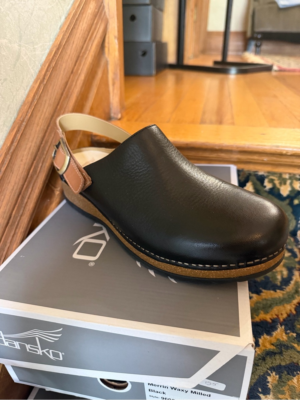 Women’s Black Leather Clog with Tan Strap